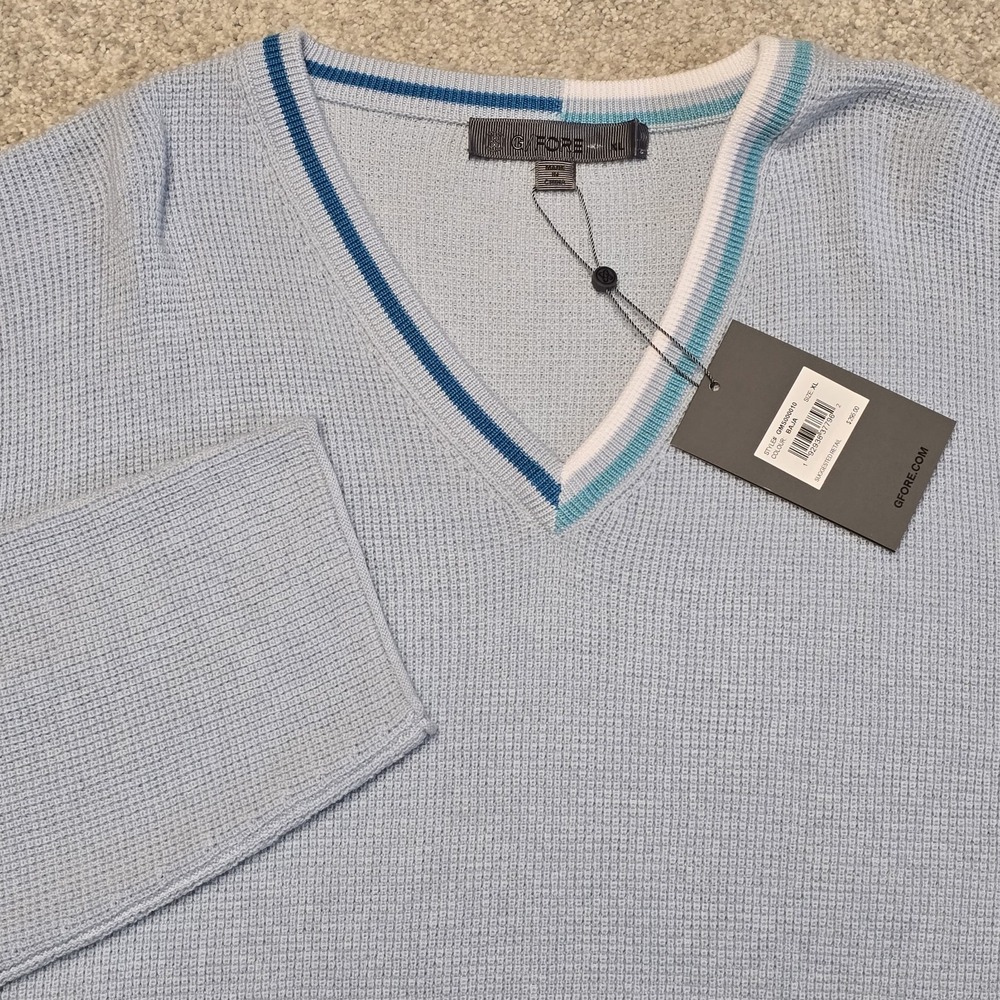 G/Fore G4 Waffle‎ Wool Knit V Neck Mens XL Baja Blue Golf Sweater NEW NWT